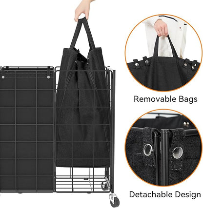 WOWLIVE Double Laundry Hamper with Wheels,Metal Wire Frame Rolling Laundry Basket with 2 Removable bags,120L Dirty Clothes Hamper Organizer Dorm Room Storage for Bedroom,Bathroom,Black