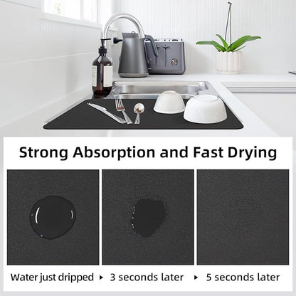 LOPNUR Kitchen Dish Drying Mat, 24"x16" Large Dish Drying Mats for Kitchen Counter, Diatomite Coffee Mat, Super Absorbent Dish Drying Pad, Heat Resistant Mat with Anti-slip Rubber Backed, Black