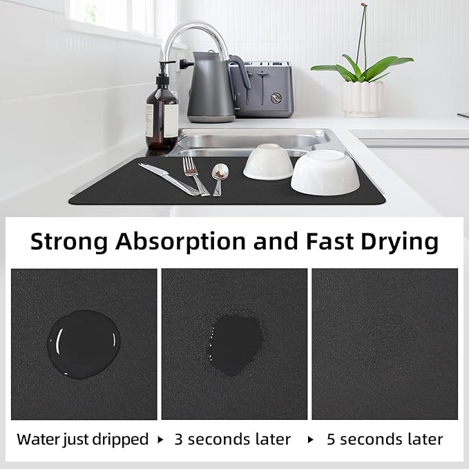 LOPNUR Kitchen Dish Drying Mat, 18"x16" Small Dish Drying Mats for Kitchen Counter, Super Absorbent Dish Drying Pad, Diatomite Coffee Mat Heat Resistant Mat with Anti-slip Rubber Backed, Black