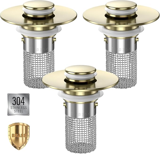Sink Stopper Hair Catcher,(3PCS) Pop-up Sink Drain Strainer with Removable Stainless Steel Strainer Basket Hair Catcher, Bathroom Sink Strainer for Bathroom Sink Stopper Replacement (3, Brushed Gold)