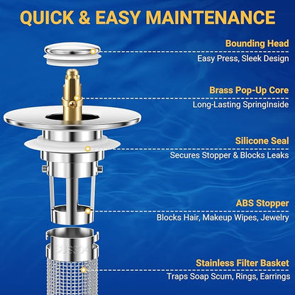 Bathroom Sink Drain Strainer, Pop-Up Bathroom Sink Stopper with Removable Stainless Steel Hair Catcher Basket, Universal Fit for US Bathroom Sinks, Showers & Floor Drains (1pcs)