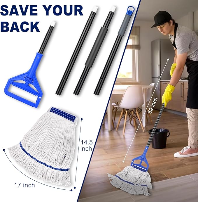 Loop-End String Mop Heavy Duty Commercial Industrial Mops with 2 Extra Mop Heads Replacement, 59 Inch Cotton Wet Mop for Floor Cleaning