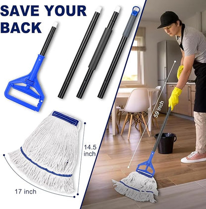 Loop-End String Mop Heavy Duty Commercial Industrial Mops with 2 Extra Mop Heads Replacement, 59 Inch Cotton Wet Mop for Floor Cleaning