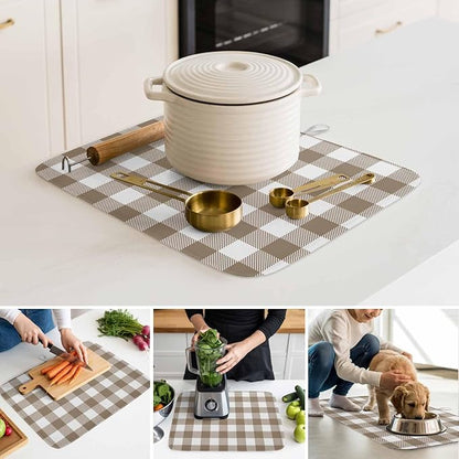 Dish Drying Mat Light Brown Buffalo Check Plaid Drying Mats for Kitchen Counter Farmhouse Style Absorbent Microfiber Dish Drainer Quick Drying Coffee Mat with Hanging Loop, 16 x18 inch