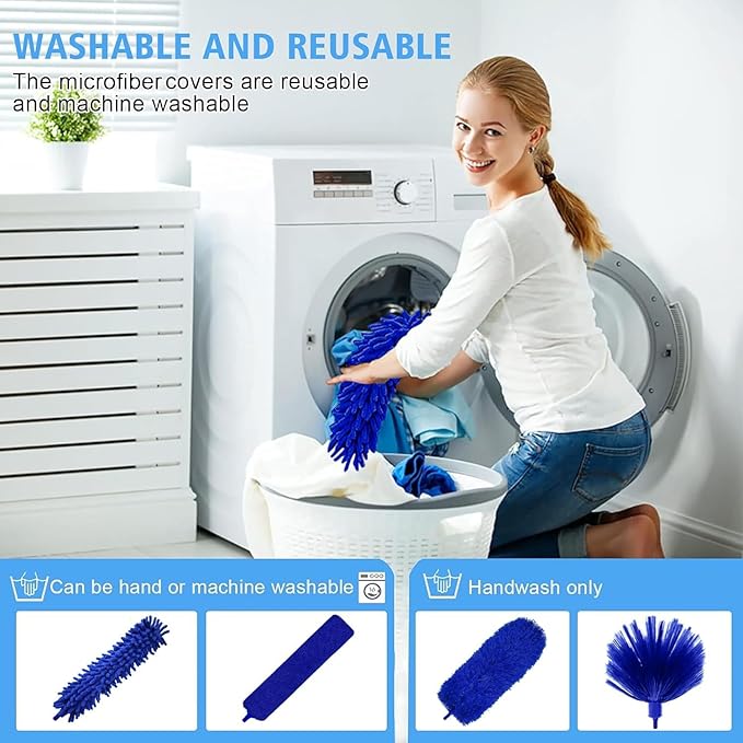5-in-1 Kit Dusters for Cleaning, Duster with Extension Pole, Extendable Duster with 100 Inches, Microfiber Dusters, Webster Cobweb Duster for Cleaning Ceiling Fans, Furniture, Blinds - Blue