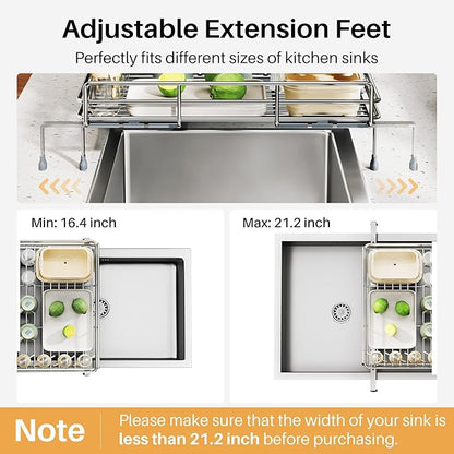 SNTD Dish Drying Rack - Extendable Dish Rack, Large Sink Drying Dish Drainer for Kitchen Counter, Stainless Steel Dish Strainer with Utensil Holder (Silver)