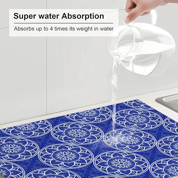 Chinoiserie Blue White Porcelain Dish Drying Mats for Kitchen Counter Sink, Absorbent Microfiber Drying Pad for Dishes, Washable Foldable Chinoiserie Kitchen Mat for Dining Area, Home Decor, 18" x 24"