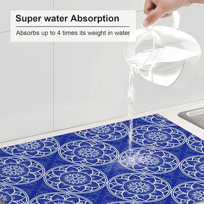Chinoiserie Blue White Porcelain Dish Drying Mats for Kitchen Counter Sink, Absorbent Microfiber Drying Pad for Dishes, Washable Foldable Chinoiserie Kitchen Mat for Dining Area, Home Decor, 18" x 24"