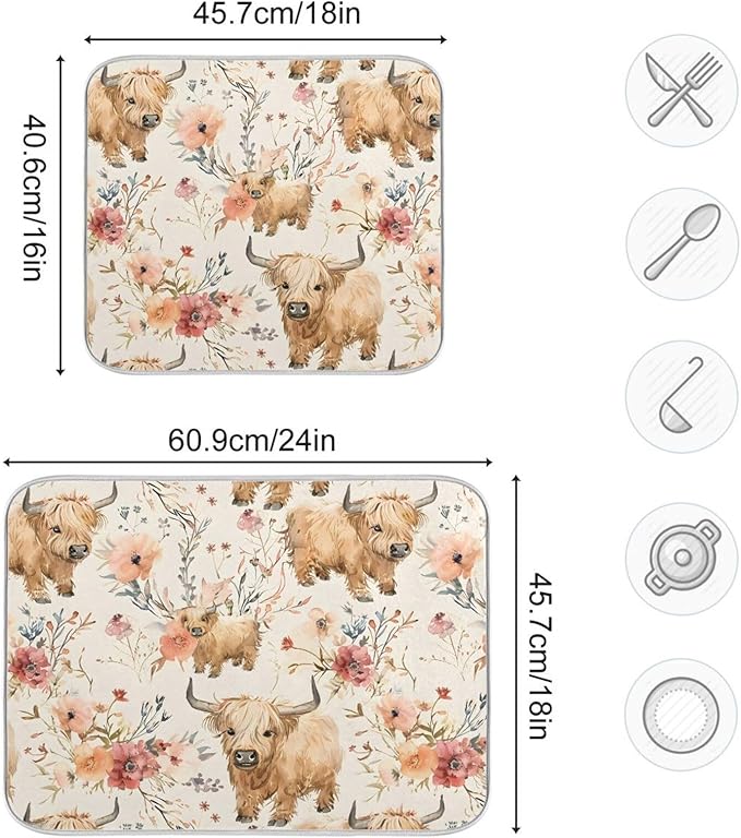Cute Highland Cows Flowers Dish Drying Mat for Kitchen Counter Absorbent Microfiber Drying Pad, Large 18x24 in, Reversible Drainer Mats