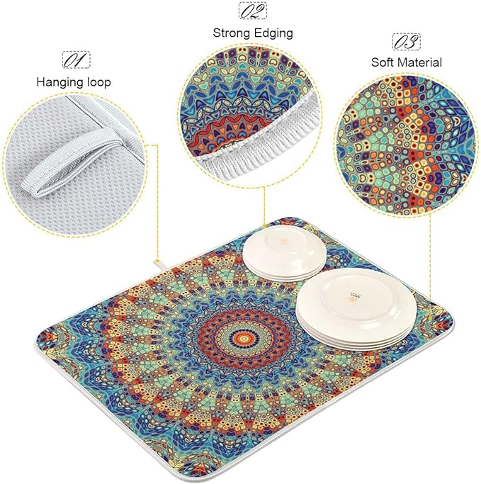 Bohemian Mandala Dish Drying Mat for Kitchen Counter Boho Ethnic Drying Mat 16 x 18 Inch with High Absorbent Reversible Microfiber Dish Drying Pad Dish Rack Pad Drainer Mat for Coffee Bar