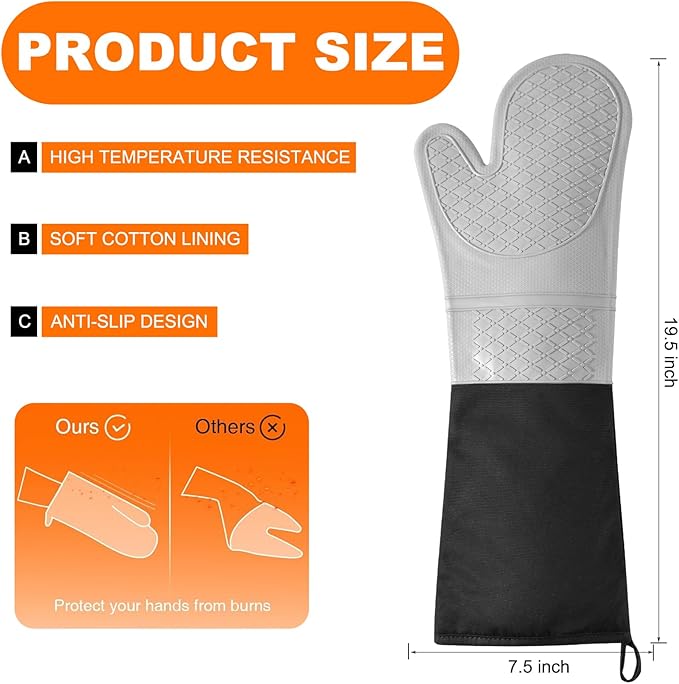 Extra Long Silicone Oven Mitts, Heat Resistant Oven Gloves with Quilted Liner Non-Slip Textured Grip Perfect for BBQ, Baking, Cooking and Grilling - 1 Pair 20 Inch Grey