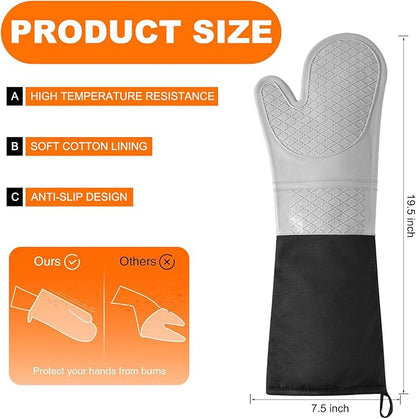Extra Long Silicone Oven Mitts, Heat Resistant Oven Gloves with Quilted Liner Non-Slip Textured Grip Perfect for BBQ, Baking, Cooking and Grilling - 1 Pair 20 Inch Grey