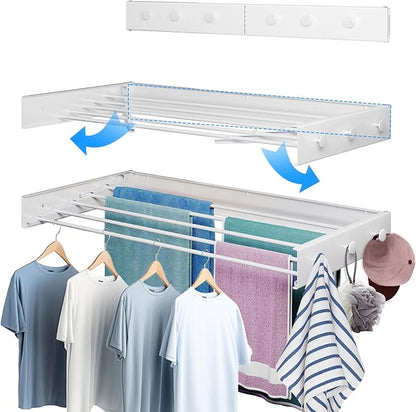 Wall Mounted Drying Rack 31.5", Upgrade 6 Knob Hooks, 5 Aluminum Poles, 40 lb. Load Capacity, Foldable, Retractable, Space Saving Clothes Drying Rack (31.5" White)