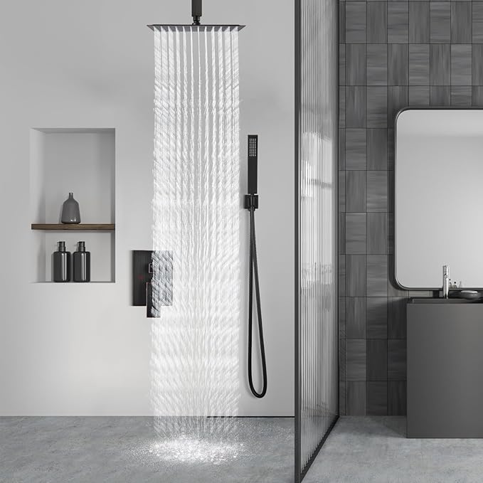 Aolemi Ceiling Mount Shower System Rain Shower Head with Handheld Spray High Pressure Shower Faucet Set Rough-in Valve Shower Trim Kit Included Bathroom Oil Rubbed Bronze 12 Inch Ceiling Shower Head