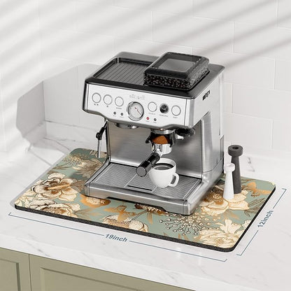 Rnivvi Coffee Mat, 12" x 19" Cute Coffee Bar Mats for Espresso Machine Station Accessories and Organizer, Hide Stain Rubber Backed Absorbent Dish Drying Pad for Kitchen Counter, Retro Flower