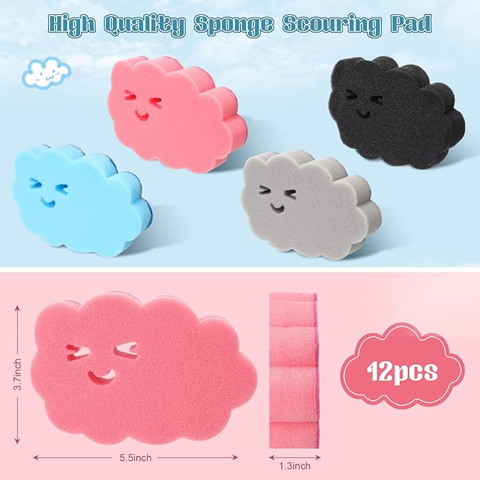 12 Pcs Kitchen Sponges for Dishes Double Sided Cleaning Dish Scrub Sponge Bulk Reusable Non Scratch Scrubbers for House Cleaning Dishwashing(Cloud,Blue, Pink, Grey, Black)