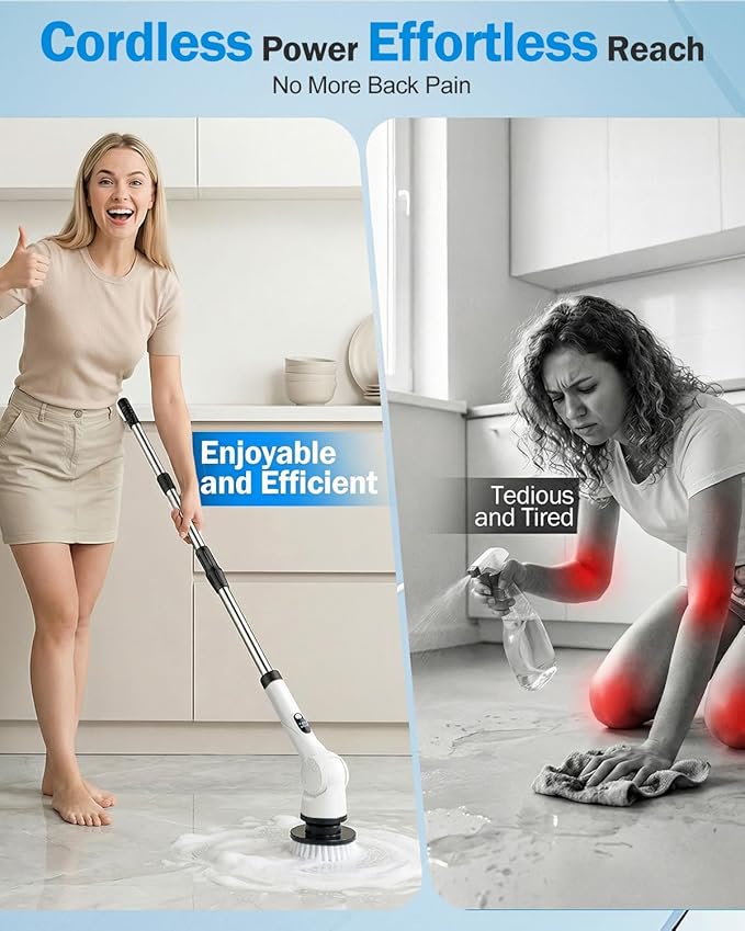 Electric Spin Scrubber, 3-Speed Cordless Shower Scrubber with 90° Adjustable & 10 Replaceable Brush Heads, 90 Mins Runtime & Full-Body IPX7 Waterproof Shower Cleaner Brush with Long Handle