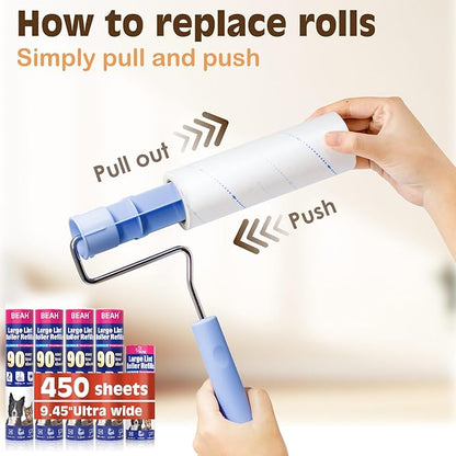 Large Lint Roller for Pet Hair Extra Sticky,10 Years Lifespan,9.45''/6.3" Pet Hair Removal Tool Roller for Dog Cat Hair,450 Sheets/5 Refills,Detachable Telescoping Extension Large Lint Roller