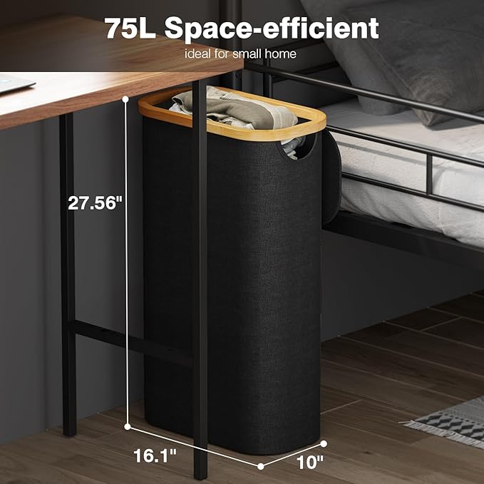75L Slim Laundry Hamper with Lid, Dirty Clothes Hampers for Laundry, Collapsible Laundry Baskets for Small Spaces, Bedroom, Bathroom, Laundry Room, Black
