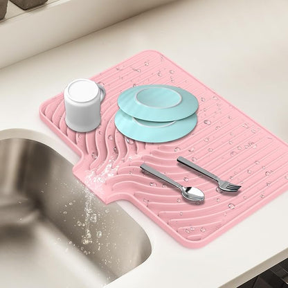 Dish Drying Mat for Kitchen Counter, with Built-in Drain Lip, Food-Grade Silicone, Easy Clean Pad for Countertop Protection, Multi-Functional Use (18x11.8, Pink)