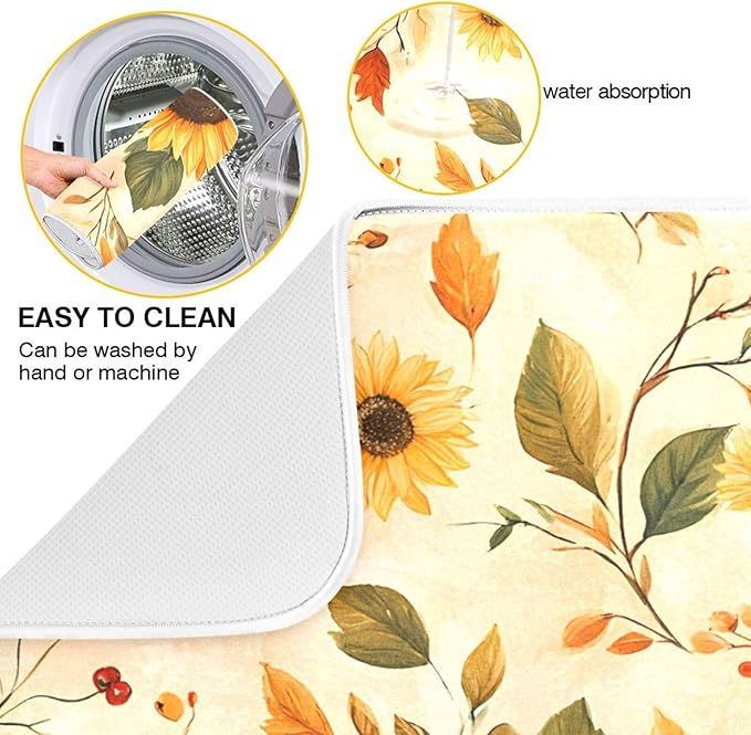 Watercolor Sunflowers Autumn Leaves Dish Drying Mat for Kitchen Counter Absorbent Microfiber Drying Pad, Medium 16x18 in
