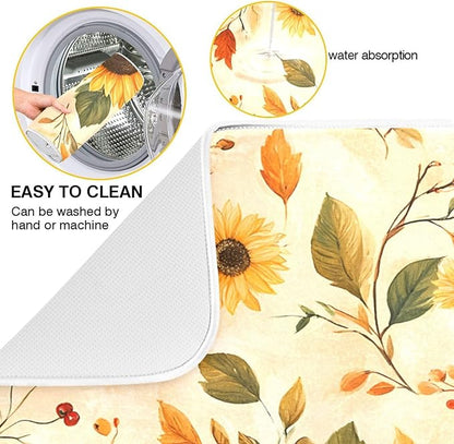 Watercolor Sunflowers Autumn Leaves Dish Drying Mat for Kitchen Counter Absorbent Microfiber Drying Pad, Medium 16x18 in