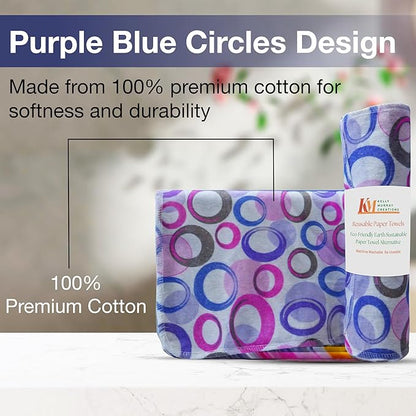 Pack of 10 Reusable Paper Towels | 10x10 Inch Cotton Towels | Kitchen Utensils Print | Eco Friendly, Washable, Quick Drying | Sustainable Cleaning Cloths | Purple Blue