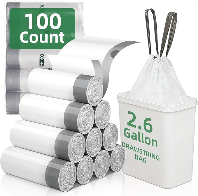 100 Counts 2.6 Gallon Trash Bag Drawstring Small Trash Bags, Thick Pre-separated Garbage Bags, Trash Bin Liners, Suitable for bathroom, kitchen, bedroom, office (White)