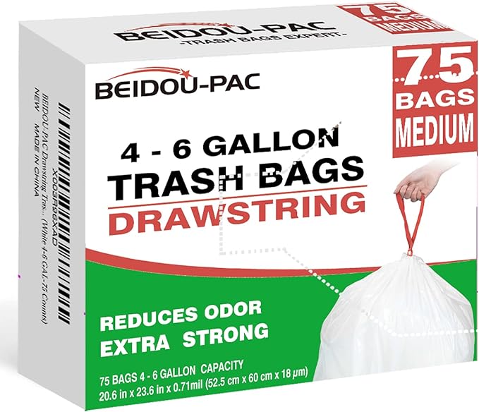 BEIDOU-PAC Trash Bags 4-6 Gallon Drawstring, 75 Count Garbage Bags, Medium Kitchen Trash Bags, Odorless & Heavy Duty White Plastic Food Scrap Bags for Bathroom Bedroom Office Waste