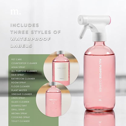 MaisoNovo Spray Bottle for Hair - 16.9 fl oz Pink x 2 with 16 Labels