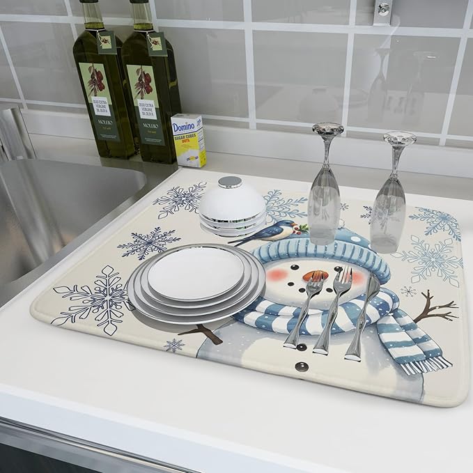 Winter Snowman Dish Drying Mat for Kitchen Counter 18x24 Blue Snowflake Bird Christmas Holiday Absorbent Reversible Microfiber Drying Mats Kitchen Countertop Protector Dishes Drainer Rack Pad