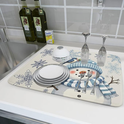 Winter Snowman Dish Drying Mat for Kitchen Counter 18x24 Blue Snowflake Bird Christmas Holiday Absorbent Reversible Microfiber Drying Mats Kitchen Countertop Protector Dishes Drainer Rack Pad