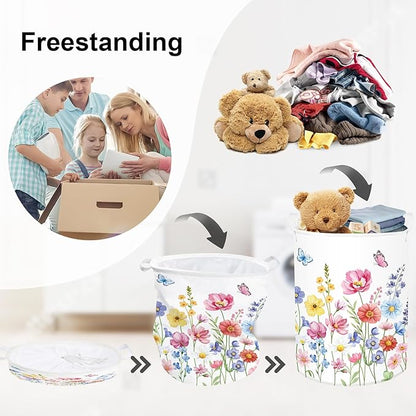 Colourful Flowers Laundry Hamper Large Storage Basket Floral Collapsible Adult Organizer Kids Clothes Toys Bins for Bedroom, Bathroom, Pinkish Purple, 63L