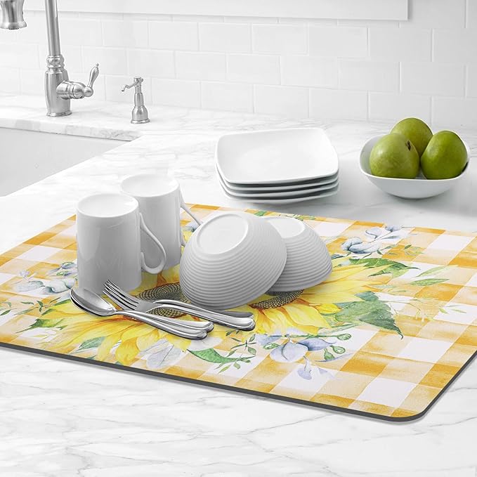 LOKHOM Dish Drying Mat for Kitchen Counter, 18"x24" Absorbent Coffee Bar Mat with Sunflowers, Vintage Floral Dish Drainer Rack Mat for Decoration