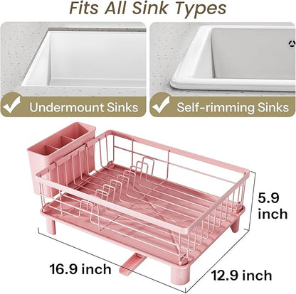 SNTD Dish Drying Rack - Small Dish Rack for Kitchen Counter, Stainless Steel Dish Drainer with Utensil Holder and Drainboard, 12.9" W x 16.9" L (Pink)