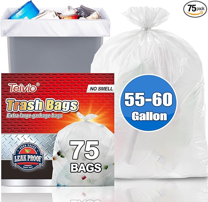Teivio Large Clear Trash Bags 55-60 Gallon 75 Counts Fit 50,55,60,Gal All Purpose Garbage Bags, Extra Large Lawn and Leaf Bags Outdoor Trash Can Liner, Drum Liners, Workshops, Backyard
