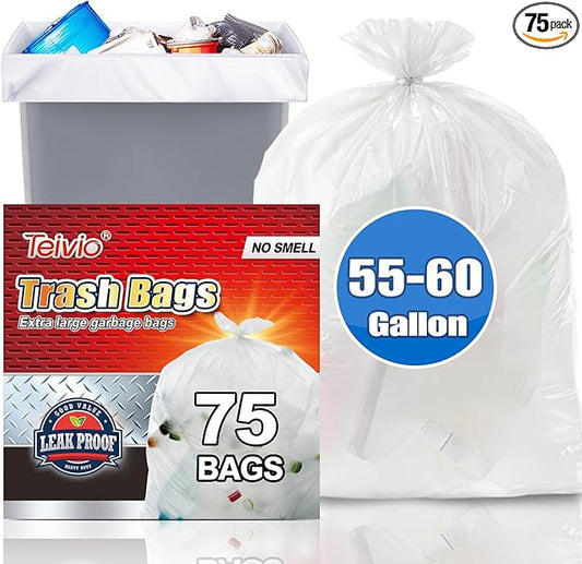 Teivio Large Clear Trash Bags 55-60 Gallon 75 Counts Fit 50,55,60,Gal All Purpose Garbage Bags, Extra Large Lawn and Leaf Bags Outdoor Trash Can Liner, Drum Liners, Workshops, Backyard