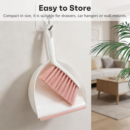 NACENA Handheld Dustpan and Broom Set – Mini Compact Brush Combo for Desktop, Sofa, Car & Kitchen Crumbs Small Cleaning Tool with Stiff Bristles, Pink