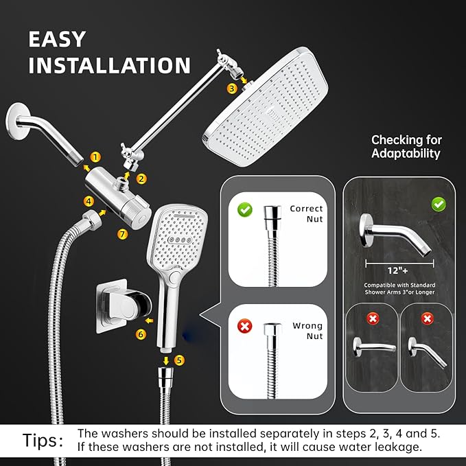 12" Rain Shower Head with Handheld Spray, Rainfall Shower Head with Handheld Combo, 11" Stainless Steel Extension Arm with Height & Angle Adjustable High Pressure Showerheads, Chrome