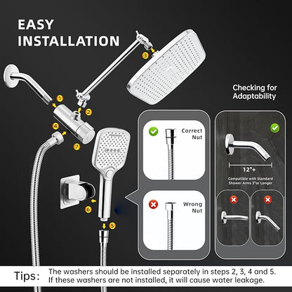 12" Rain Shower Head with Handheld Spray, Rainfall Shower Head with Handheld Combo, 11" Stainless Steel Extension Arm with Height & Angle Adjustable High Pressure Showerheads, Chrome