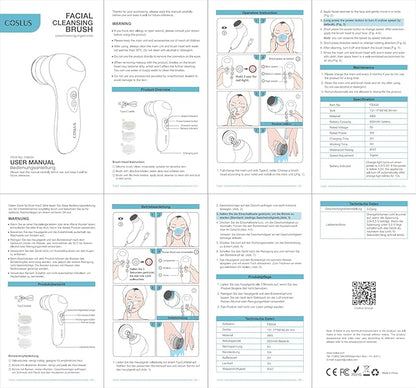 COSLUS FBX04 Powered Facial Cleansing Brush: Rechargeable Electric Face Cleanser for Sensitive & Acne-Prone Skin, 3 Brush Heads, 3 Speeds, 2-Direction Rotation, for Men Women IPX7, Deep Cleaning Blue