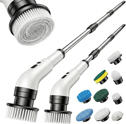 Electric Spin Scrubber, Cordless Power Scrubber for Bathroom/Shower/Tub/Tile & Grout, 7 Brush Heads, Dual-Speed, Adjustable Extension Handle, IPX7 Waterproof, USB-C Rechargeable Cleaning Tool (White)
