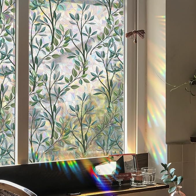 Runtoo Window Privacy Film Rainbow Plant Leaves Clings 3D Decorative Vinyl Stained Glass Window Decals Static Sticker Non-Adhesive, 15.75 x 79 inches