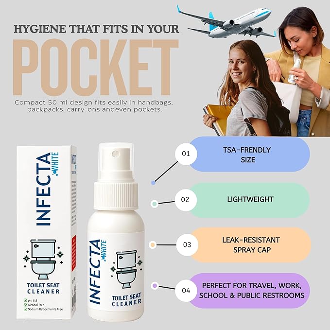 INFECTA WHITE – Toilet Spray, Travel Size Multipurpose Cleaning Spray (50 ml), All Purpose Cleaner for Toilet Seats, Bathtub, Fresh Scent, Bathroom Essentials & Mini Travel Toiletries (Pack of 1)
