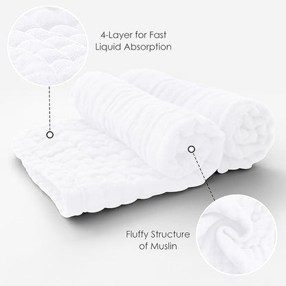 MOON PARK Baby Washcloths, 12 Pack - 12x12 Inches, Small Burp Cloths and Baby Wipes - 100% Cotton Muslin Ultra Soft for Newborn, Infant and Toddlers - White