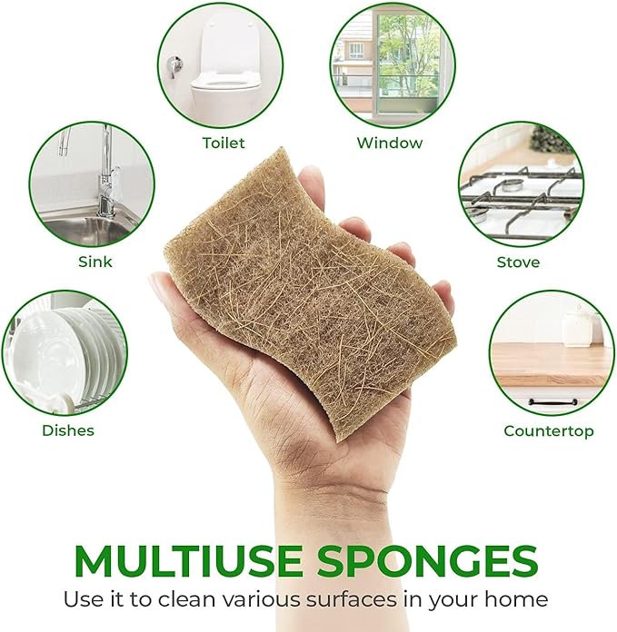 Natural Kitchen Sponges (24 Pack) - Biodegradable Cellulose & Coconut Scrubber Dish Sponges for Kitchen - Eco-Friendly, Non Scratch, Compostable, Non Toxic S-Shaped Natural Sponges for Dishes