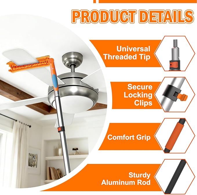 LAANPOLE 36FT Reach Ceiling Fan Cleaner Duster, Fan Blade Cleaner Kit with 7-30FT Extension Pole, Microfiber Duster & Replaceable Cleaning Cloth for Blades, Ceiling, Furniture
