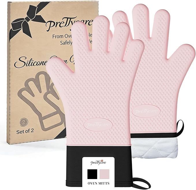 PrettyCare 14 in Silicone Oven Mitts for Women, Heat Resistant Waterproof Oven Gloves with Fingers, Cotton Lined Silicone Oven Gloves for Baking Cooking BBQ,Kitchen Essentials Gift for Women (Pink)