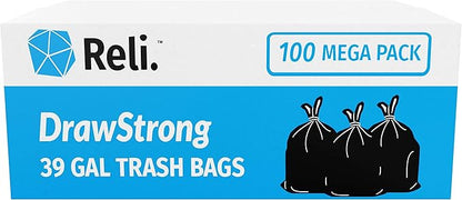 Reli. 39 Gallon Trash Bags Drawstring (100 Count) Large 39 Gallon Heavy Duty Drawstring Trash Bags, Garbage 39Gal Capacity, Lawn Leaf (39Gal, Black)