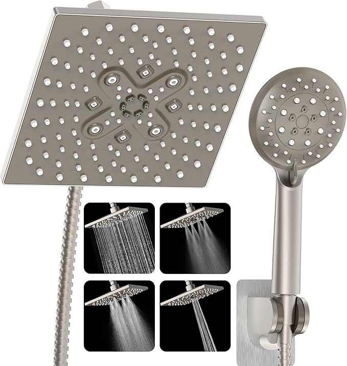 Veken High Pressure Rain Shower Head with Multi-Functions, Square Rainfall Shower Heads with 5-Mode Handheld Spray Combo, Detachable Hand Held Showerhead with Hose, Double Regaderas Para,Starlight